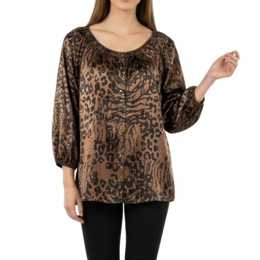 Express‎ Blouse M Brown Mixed Animal Print 3/4 Sleeve Buttoned Puff Sleeve Chic